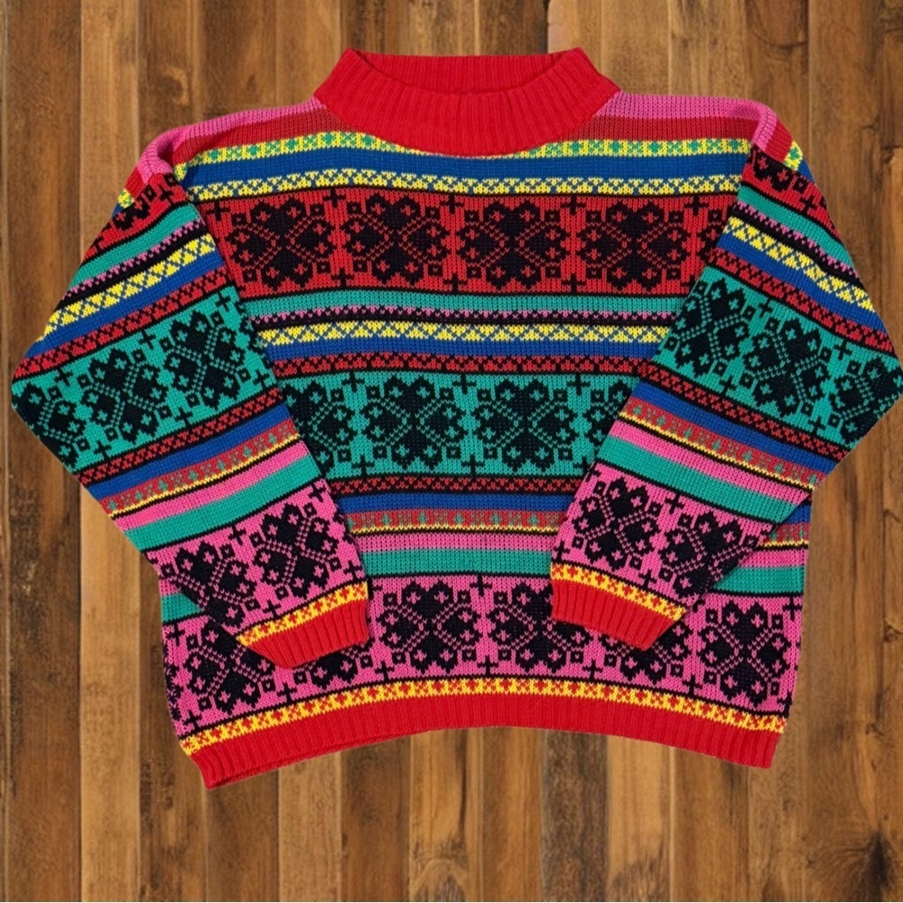 Vintage 80s Fair Isle Rainbow Sweater – Bright Geometric Knit Retro Ski Lodge M - Picture 2 of 6